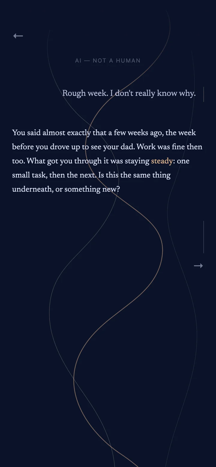 A conversation in Tether. The reply recalls something said a few weeks earlier and names the word steady.